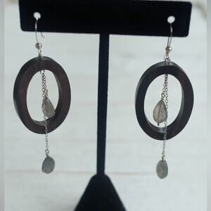 Elegant labradorite sterling Silver and Brown wood hoop Drop Earrings